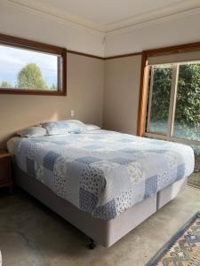 提马鲁Hadlow Sunrise Retreat的一间卧室设有一张床和两个窗户。