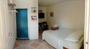 LimonesTres Monos Hotel, Restaurante, Piscina, Bar的一间卧室配有一张床和一个蓝色的门
