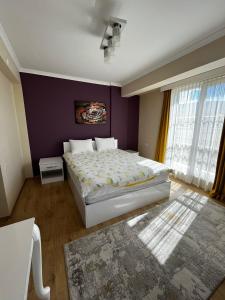 博卢Seyir Apartmanı的一间卧室设有一张大床和紫色的墙壁