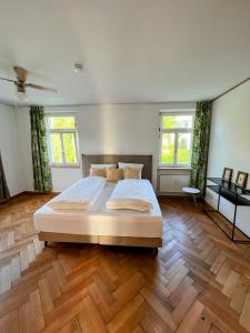 赫尔布兰茨Auszeit im Bad Diezlings的一间大卧室,配有一张大床和木地板