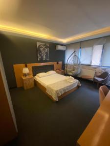 萨姆松Samsun Osmanlı Otel的一间卧室配有一张床、一把椅子和风扇