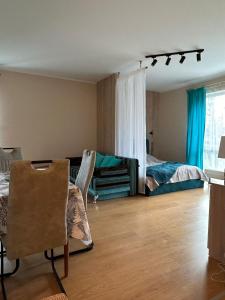 ZvejniekciemsSaulkrastu nams的一间带床的客厅和一间带蓝色窗帘的卧室