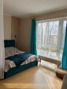 ZvejniekciemsSaulkrastu nams的一间卧室设有一张床和一个大窗户