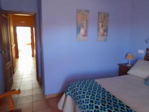 阿拉色那芬卡农村香格里拉迷帝亚莱古乡村民宿的一间蓝色卧室,配有一张床和一个走廊
