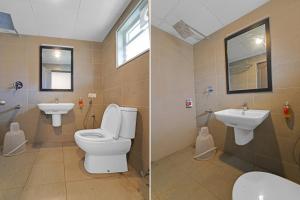 钦奈Hotel Stay inn Chennai Airport的浴室的两张照片,配有卫生间和水槽