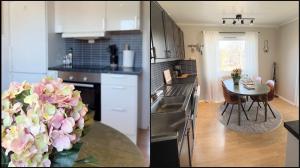 莱克内斯House with perfect location in Leknes的厨房配有柜台和花瓶桌子
