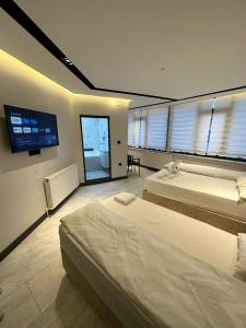KayacıkAntik Otel的一间卧室配有两张床和一台平面电视