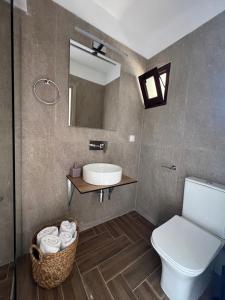 斯基亚索斯镇Pantheon的一间带水槽、卫生间和镜子的浴室