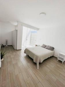 SunampeSOLARIUM CHINCHA Casa de Campo y Playa de 1000mts!的一间铺有木地板的白色卧室,配有一张床