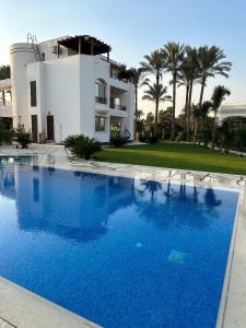开罗Villa Al Mansouria的一座大蓝色游泳池,位于房子前