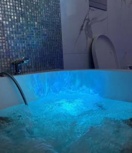 克雷莫纳Luxury home stanza in appartamento condiviso的带蓝色浴缸的浴室