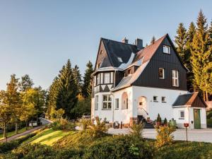 Kurort BärenburgHoliday apartment Ahornspitze的黑色屋顶的大型白色房屋
