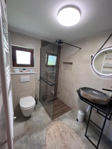 PrijepoljeZlatna Jabuka Lux的带淋浴、卫生间和盥洗盆的浴室