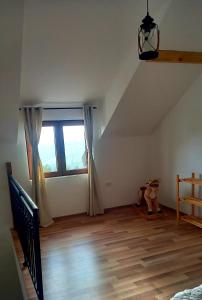 PrijepoljeZlatna Jabuka Lux的一间卧室设有大窗户,铺有木地板