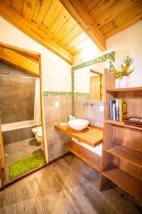 圣卡洛斯-德巴里洛切Casa en entorno de bosque, cerca de playas y cerros的一间带水槽、淋浴和镜子的浴室