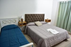 别德马Departamentos x dia Viedma 3 CON COCHERA的一间卧室配有一张带蓝色棉被的床