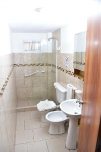 别德马Departamentos x dia Viedma 3 CON COCHERA的一间带两个卫生间、淋浴和盥洗盆的浴室