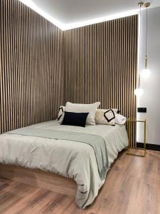 萨拉曼卡Plaza Mayor de Salamanca By LixLoft的一间卧室设有一张带条纹墙的大床