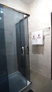 莱基SHORTLETMART Apartments的浴室里设有玻璃门淋浴