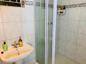 约翰内斯堡Afrikawisa@Rosebank的带淋浴和盥洗盆的浴室