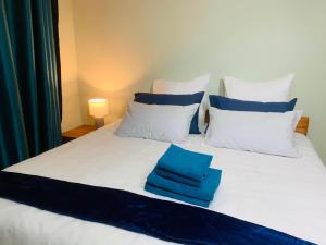 约翰内斯堡Afrikawisa@Rosebank的白色的床,配有蓝色和白色的枕头