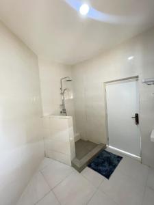 阿布贾Cozy And Serene Studio Apartment的带淋浴和盥洗盆的白色浴室