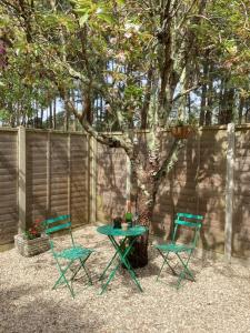 灵伍德Forest Heath Holidays - The Nook的树旁的两把椅子和一张桌子