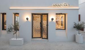 纳克索乔拉Anapollo Boutique Hotel Adults Only的一座白色的建筑,有门和两株盆栽植物
