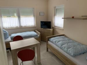 卢布明Villa Evi Modern retreat的客房设有两张床、一张桌子和一台电视机。