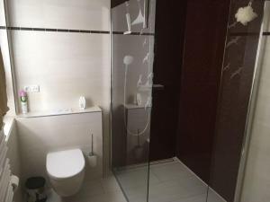 卢布明Strandhus Modern retreat的一间带卫生间和玻璃淋浴间的浴室