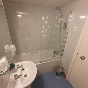 BraeThe Brae Hotel的带淋浴、盥洗盆和卫生间的浴室