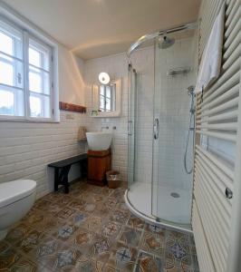 Český RudolecMatějovec38的带淋浴和盥洗盆的浴室