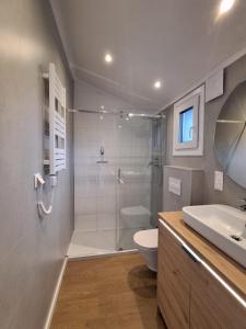 索勒恩LandZeit - get your tiny moments的带淋浴、卫生间和盥洗盆的浴室