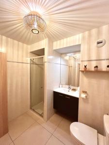 蒙特卡罗Studio NEUF - PORTES DE MONACO - Confort - Wifi - Clim的一间带水槽、淋浴和卫生间的浴室