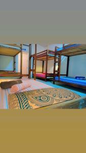 阿鲁甘湾Sanity Door Rooms and Hostel的卧室配有两张双层床和地毯。
