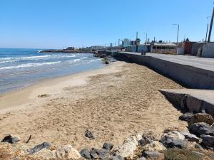 库基尼坎尼奥Niros Beachfront Aparthotel的保留墙的海滩和海洋