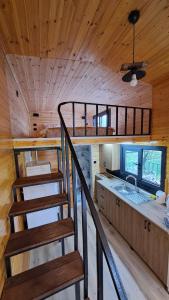 阿克恰阿巴德HAN Tiny House的小屋内的楼梯,设有厨房和水槽