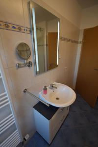马格德堡Bliss Place - 1R Premium Apartment - Kingsize Bett, Smart TV, Küche, Balkon, Waschkeller的一间带水槽和镜子的浴室