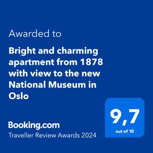 奥斯陆Bright and charming apartment from 1878 with view to the new National Museum in Oslo的手机的截图,文字升级到亮度,从原来的约会时间更改
