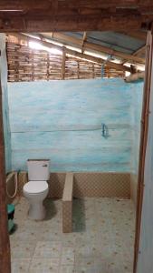 OBT - The Jack Fruit Bungalow的一间带卫生间和蓝色墙壁的浴室