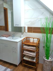凯尔采Polna Zagroda - domek do wynajęcia的浴室设有水槽和带毛巾的架子。