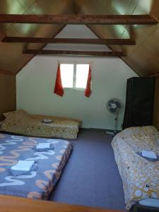 亚伊采Vikendica Žute dunje Jajce的客房设有两张床和窗户。