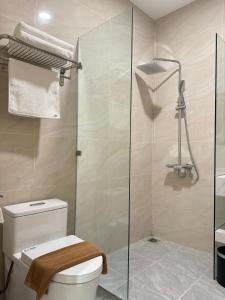 岑山MARIS HOTEL SẦM SƠN的一间带卫生间和玻璃淋浴间的浴室