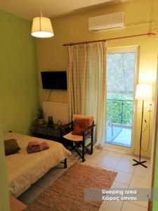 拉米亚Efi Studio 3 Lamia的卧室配有床、椅子和窗户。