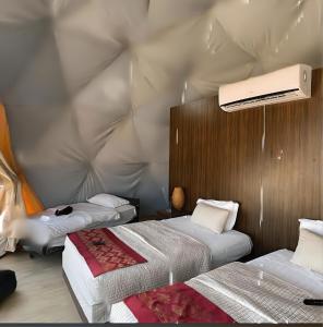 瓦迪拉姆Desert heart camp的一间卧室设有两张床,天花板上设有投影仪