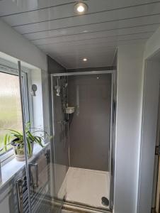爱丁堡En-suite double room with private entrance的浴室里设有玻璃门淋浴