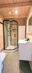 ListerbyTiny houses Liv & Lea的带淋浴和卫生间的浴室。