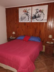 乌斯怀亚DeMiLo casa a una cuadra del centro de Ushuaia的卧室配有红色的床,墙上挂有两张照片