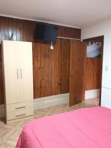 乌斯怀亚DeMiLo casa a una cuadra del centro de Ushuaia的一间卧室配有一张床,墙上配有电视