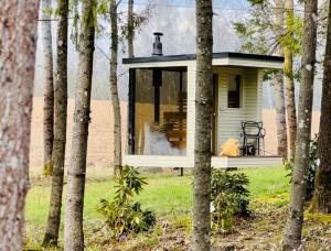 AiasteHouse and sauna where city comforts meet nature的树林中间的小房子